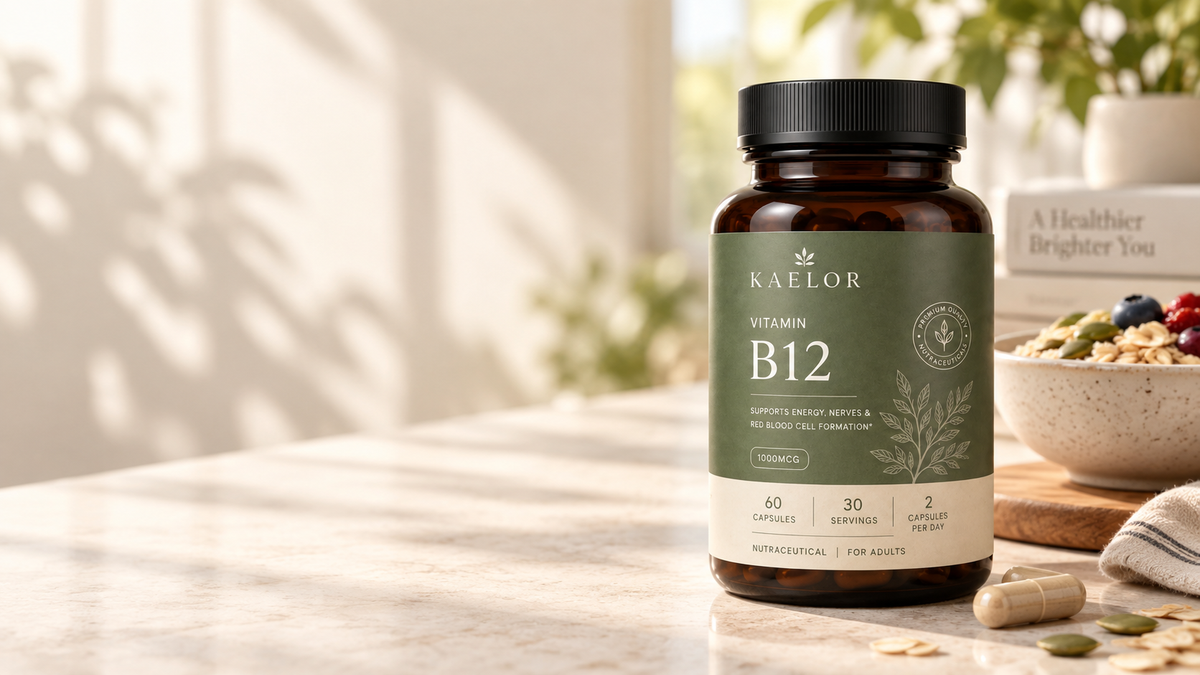 Kaelor Vitamin B12 bottle in a bright, premium morning wellness setting with subtle superfood ingredients