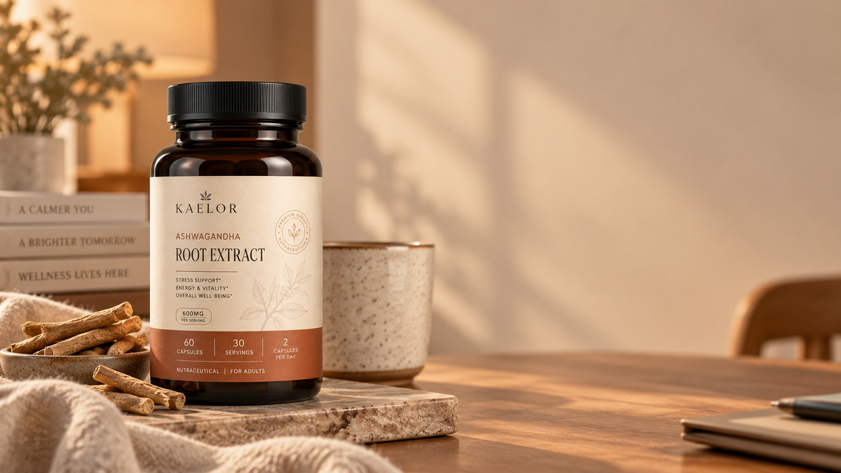 Kaelor Ashwagandha Root Extract bottle with natural roots in a warm, calm premium wellness environment
