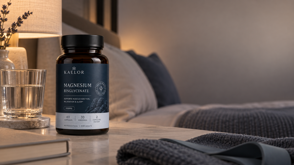 Kaelor Magnesium Bisglycinate bottle in a calm premium evening scene with subtle sleep and recovery cues