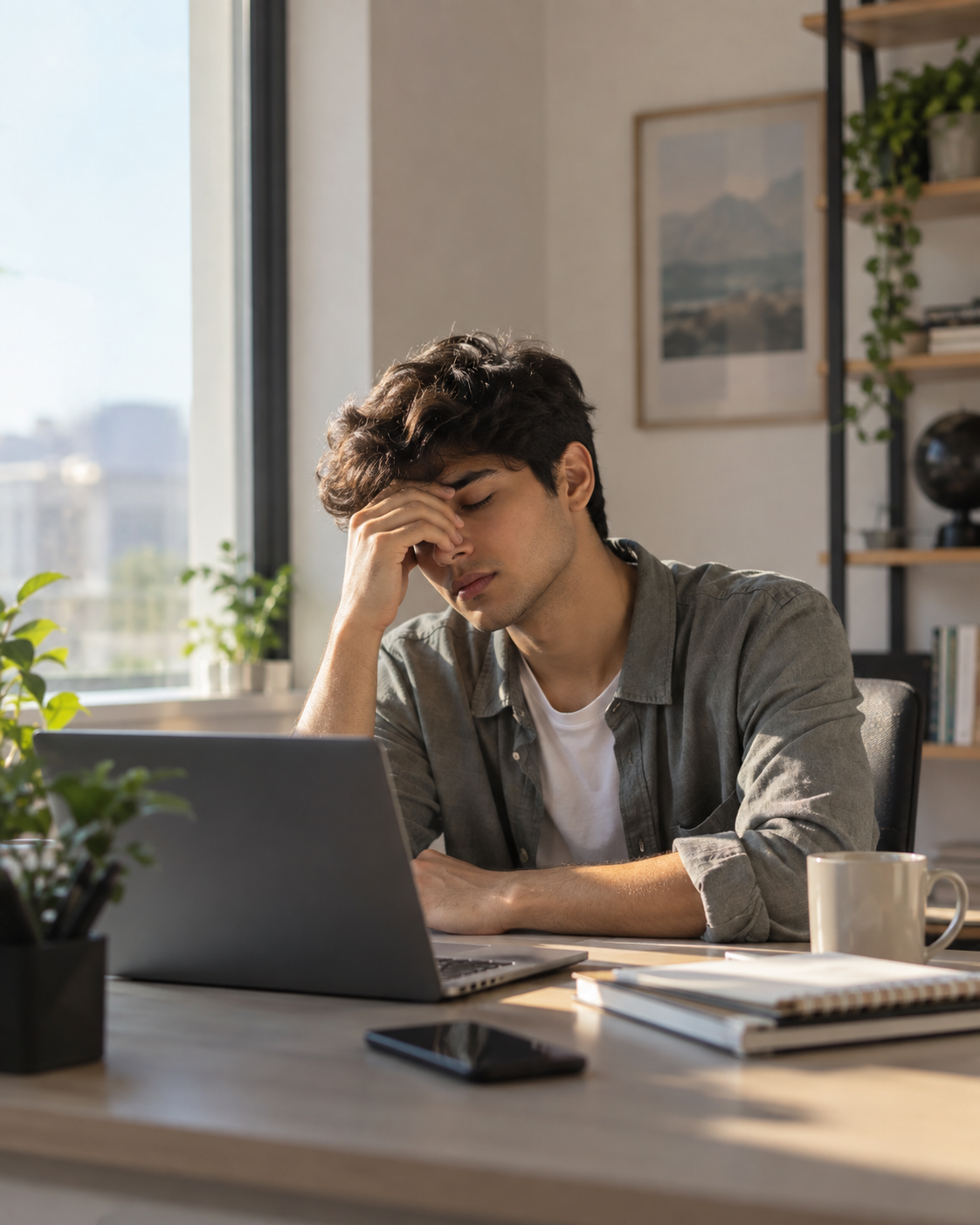 Young adult at a bright desk experiencing a calm late-morning energy dip