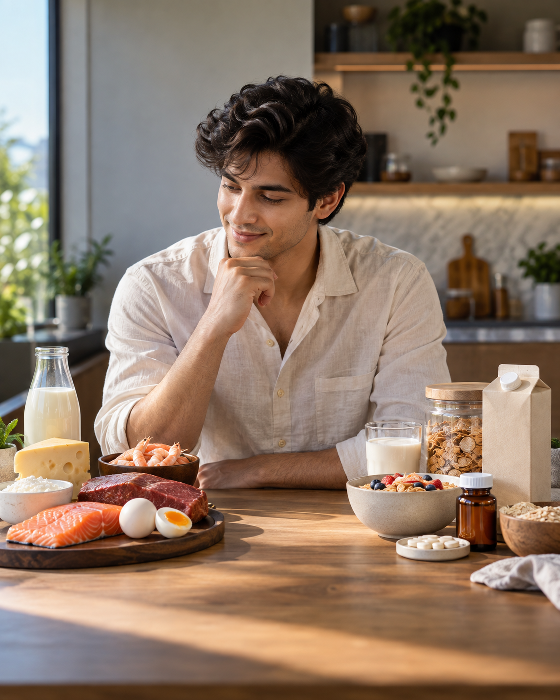 Balanced food and supplement scene representing different Vitamin B12 sources