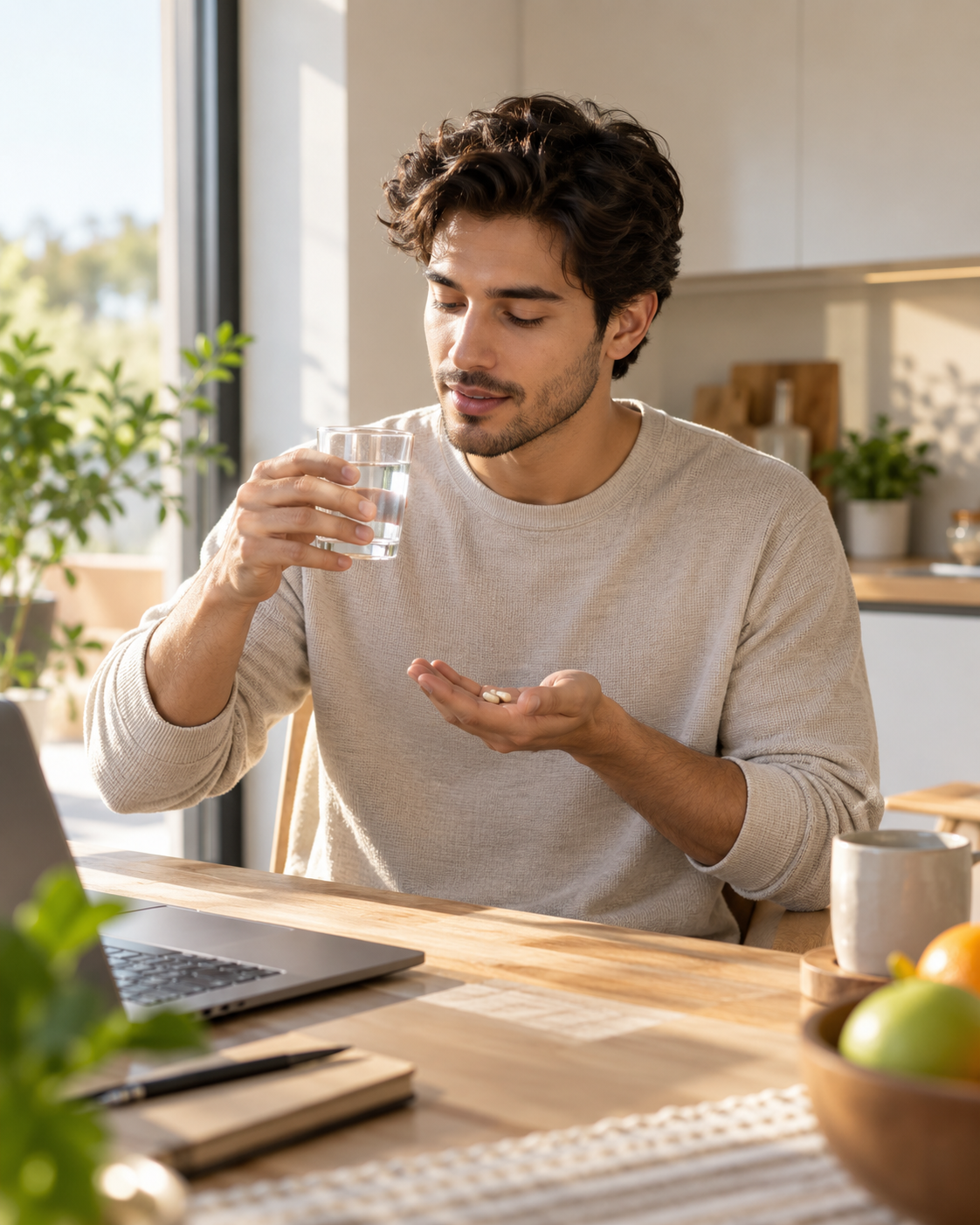Adult taking Kaelor Vitamin B12 with water during a calm morning routine
