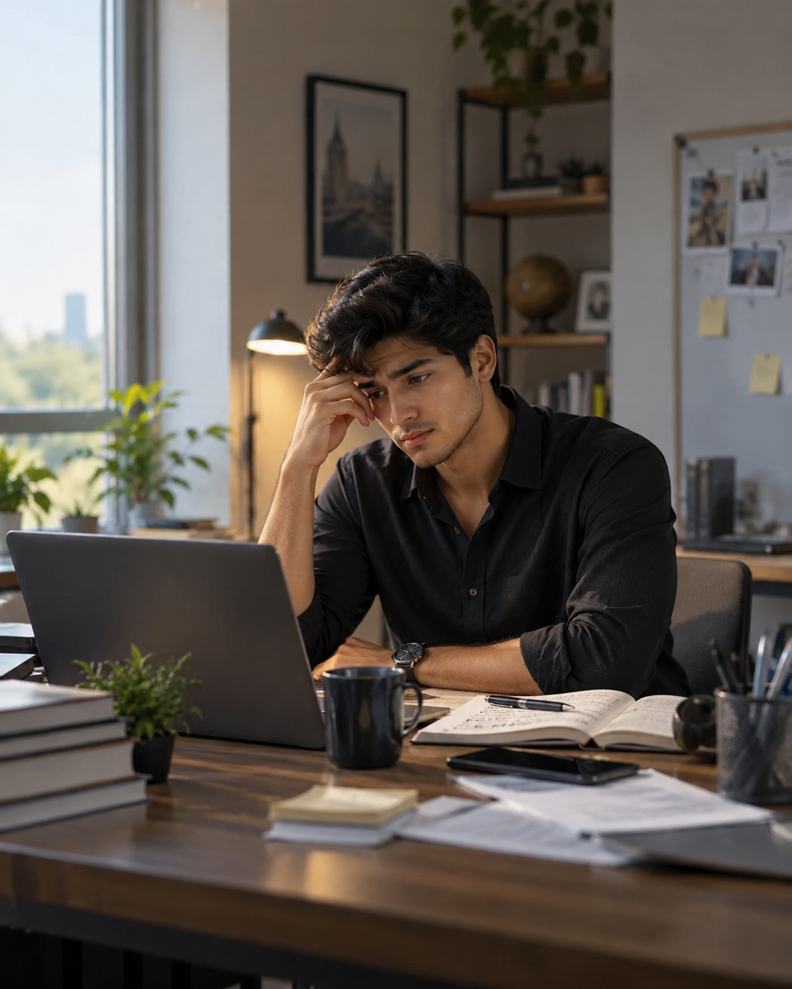 Young professional handling a busy workday with visible but realistic mental pressure