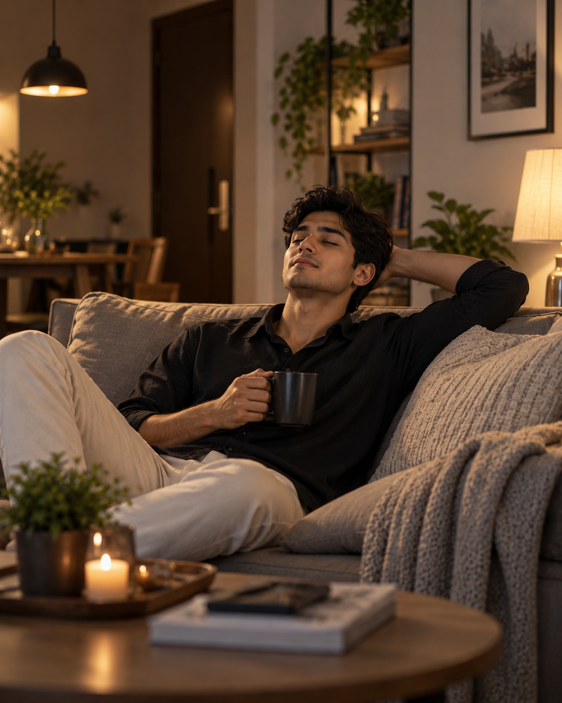 Adult unwinding at home after work in a warm calm evening environment