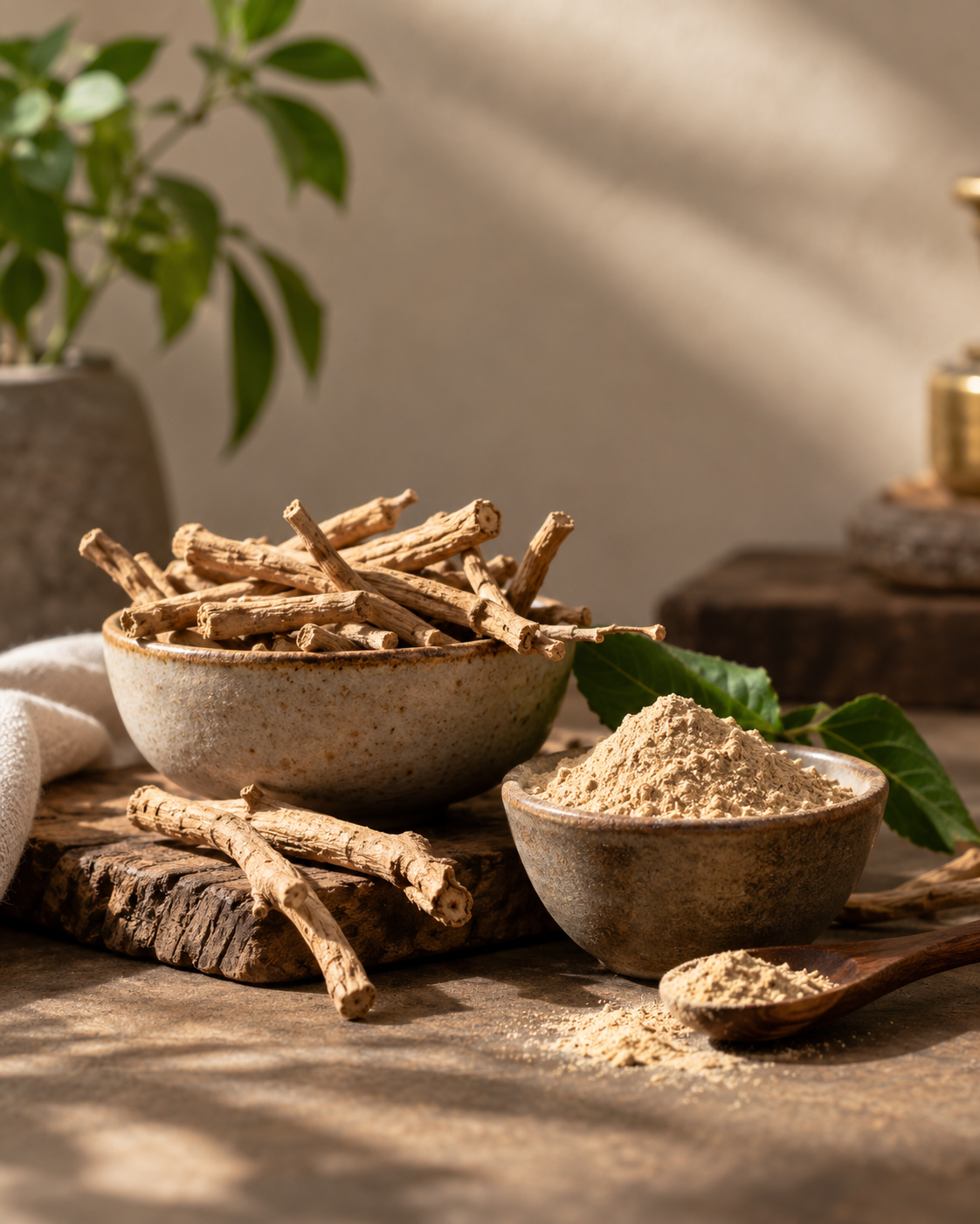 Natural ashwagandha roots and root extract presented in a premium botanical still life