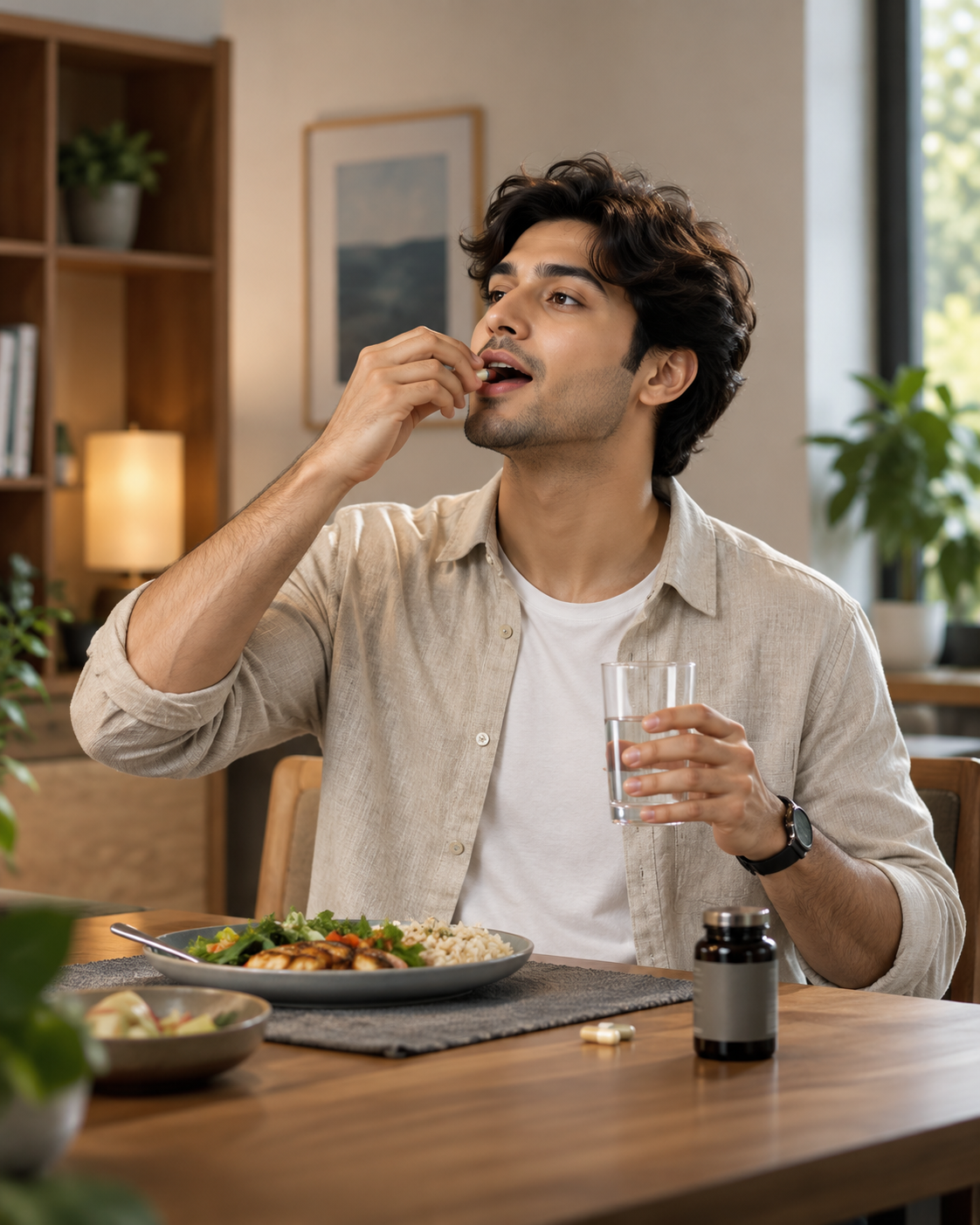 Adult taking two capsules with a meal as part of a consistent daily wellness routine