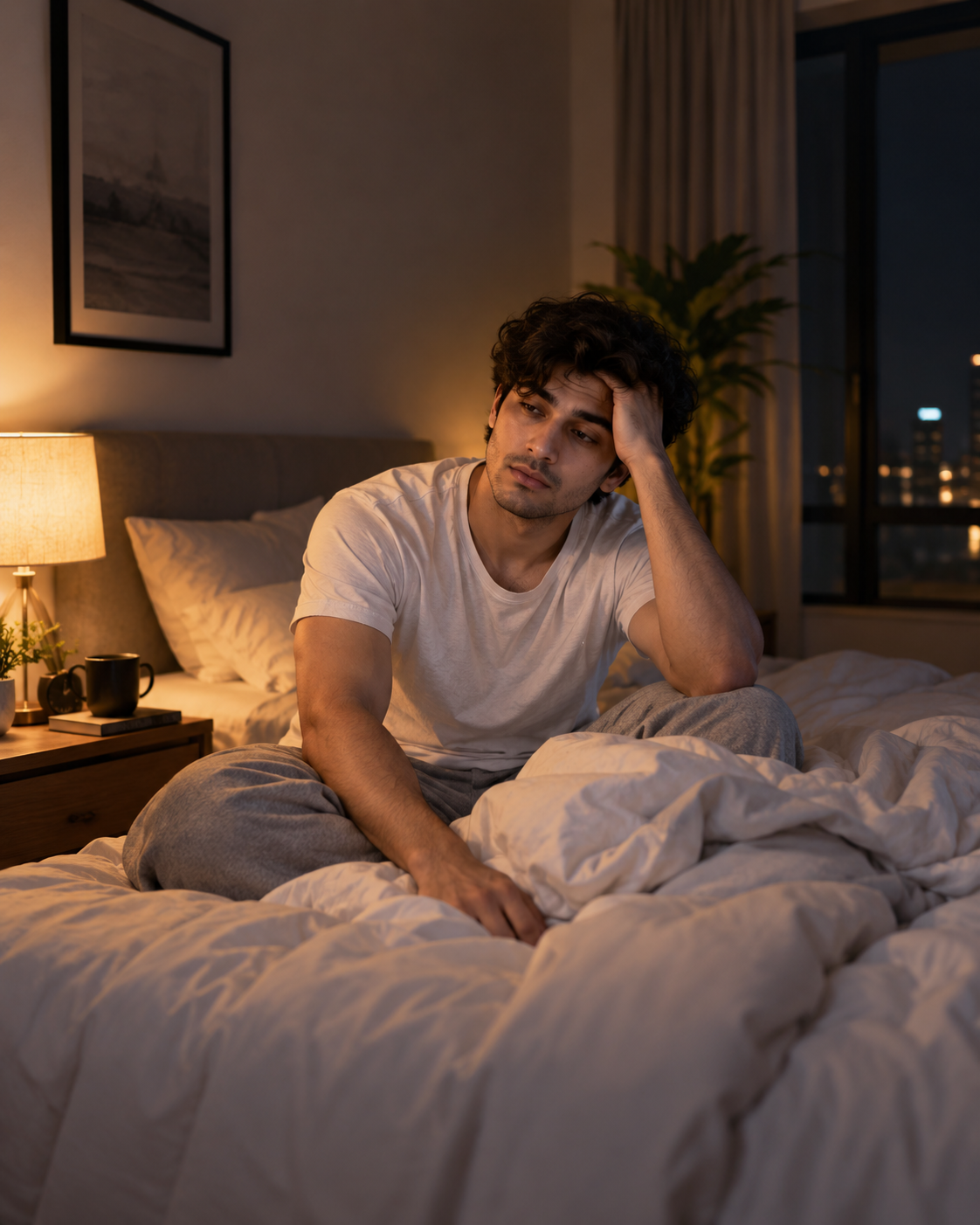 Adult lying awake in a calm bedroom with subtle realistic restlessness before sleep