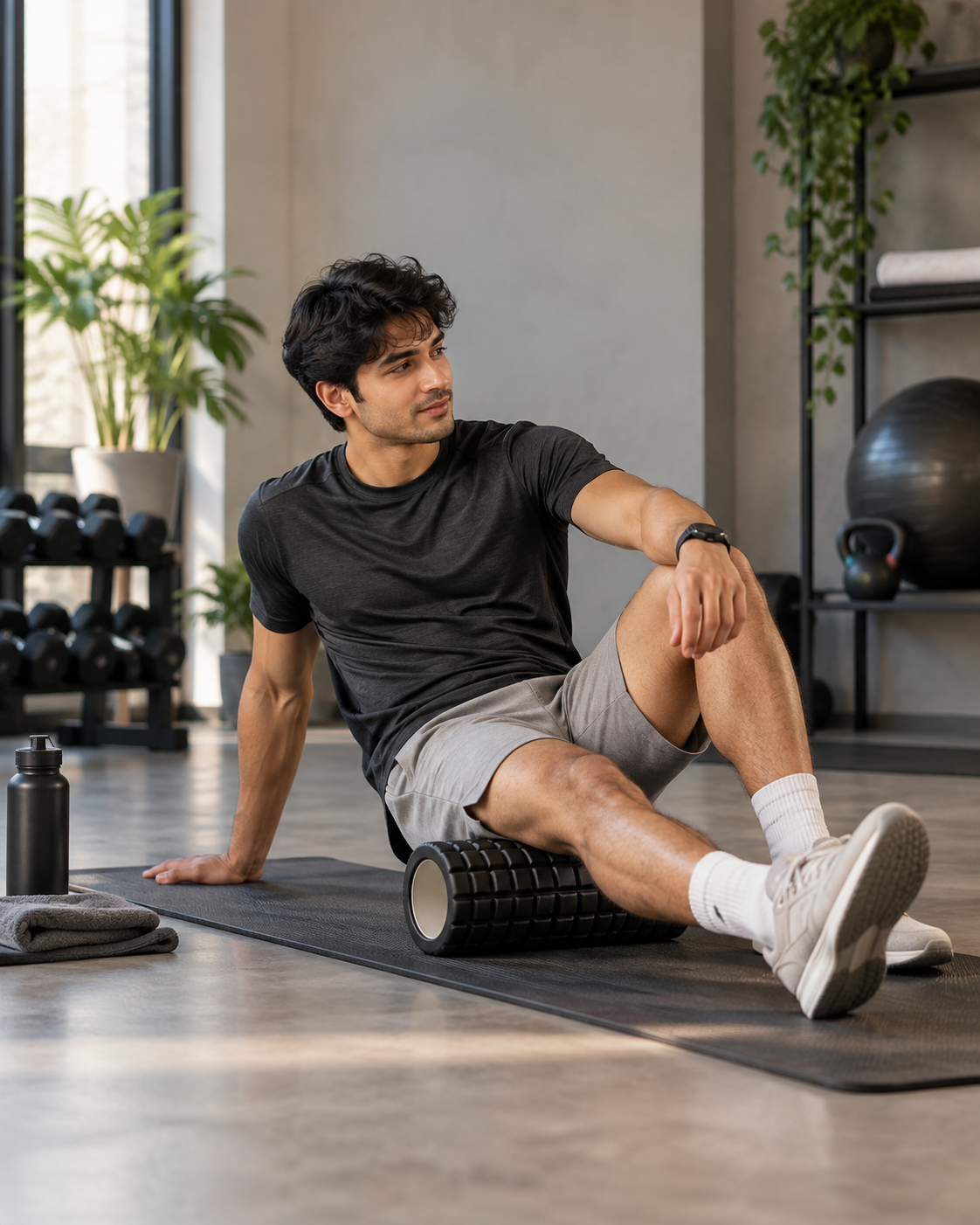 Active adult stretching tight muscles after exercise in a premium home wellness setting