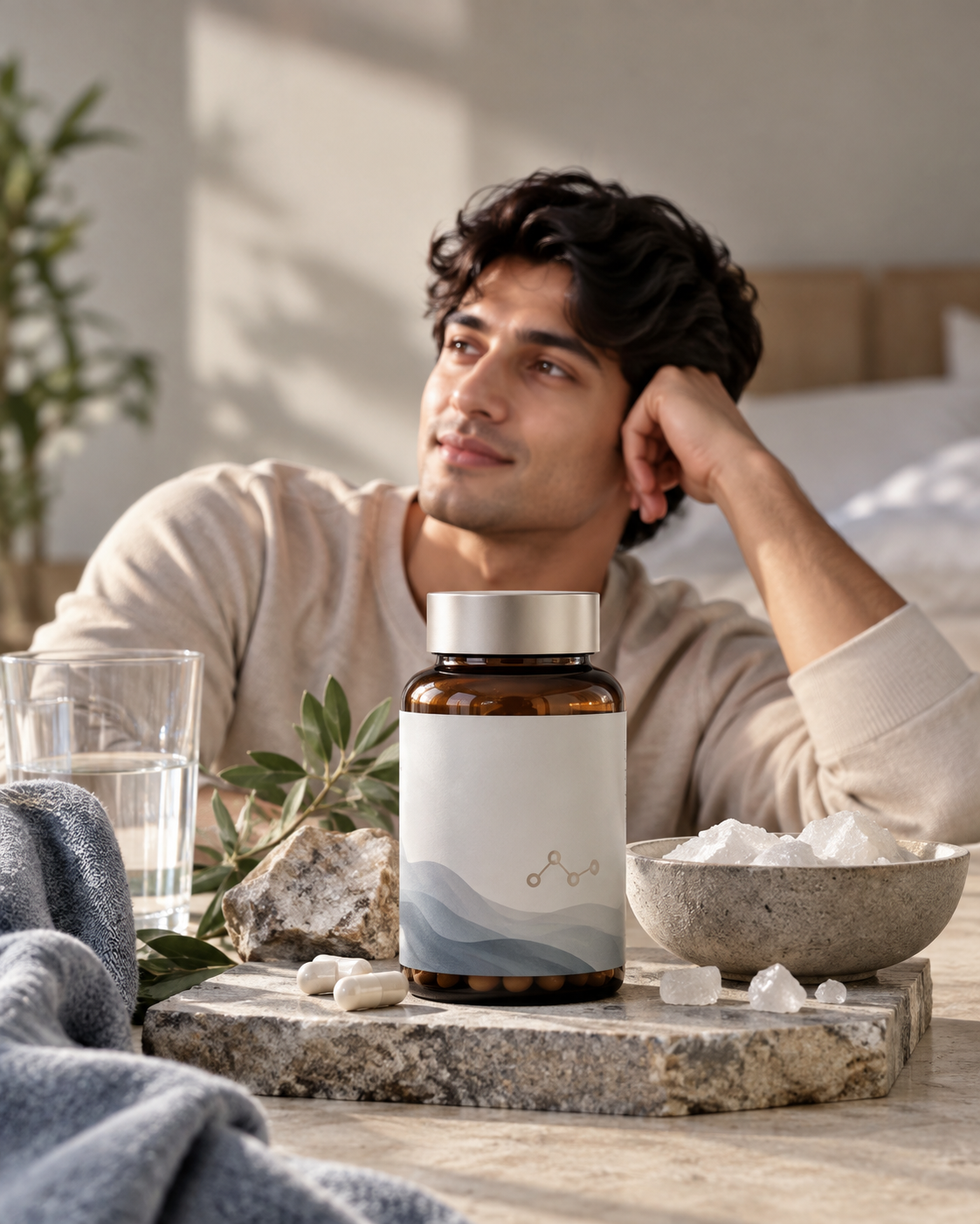 Kaelor Magnesium Bisglycinate bottle beside simple molecular and wellness cues in a clean premium scene