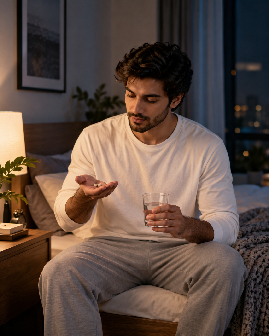 Adult taking magnesium with an evening meal and water before a calm bedtime routine