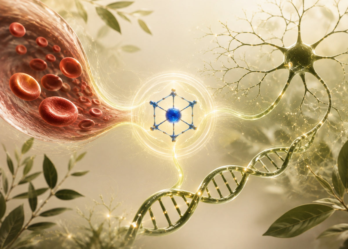 Clean scientific visual showing Vitamin B12, blood cells, nerve pathways and the eight-superfood formula