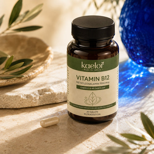 Premium close-up representing Vitamin B12 as the core nutrient in the Kaelor formula